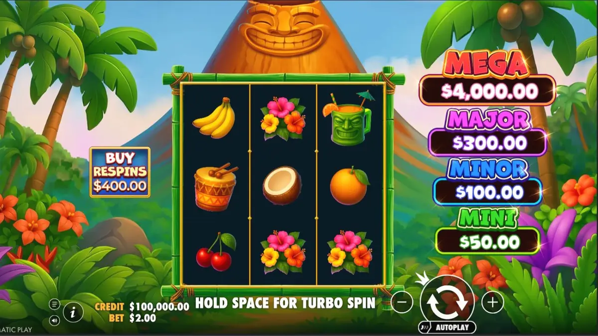 Interface do jogo Super Tiki Strike com tema tropical e grid 3x3