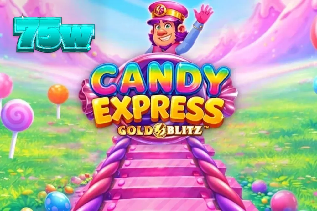 Interface vibrante e colorida do slot Candy Express Gold Blitz com elementos de doces e trens.